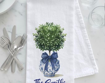 Personalized Topiary Tree in Blue & White Planter Tea Towel, Chinoiserie Tea Towel, Preppy Tea Towel, Grandmillenial Style, Cottagecore