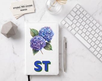 Personalized Hydrangea Journal, Custom Monogram Vegan Leather Notebook, Refillable Blue Flower Gift for Her