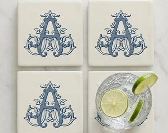 Vintage Vine Monogram Ceramic Coasters Set of 4 | Personalized Initial Drinkware | Custom Housewarming Gift | Elegant Newlywed Gift