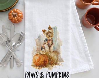 Yorkie Fall Tea Towel, Paws & Pumpkins Dog Kitchen Towel, Yorkie Autumn Decor, Halloween Dog Gift, Fall Tea Towel, Yorkie Gift