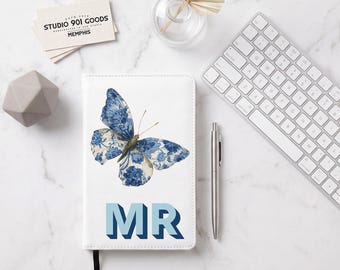 Personalized Blue & White Chinoiserie Butterfly Journal, Custom Monogram Vegan Leather Notebook, Gift for Her