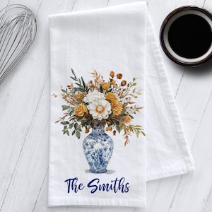 Personalized Golden Flowers in Blue and White Chinoiserie Vase Tea Towel, Preppy Tea Towel, Chinoiserie Tea Towel, Christmas Tea Towel