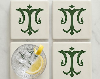 Antique Chic Monogram Ceramic Coasters Set of 4 | Personalized Initial Decor | Custom New Home Gift | Unique Wedding Coaster Gift