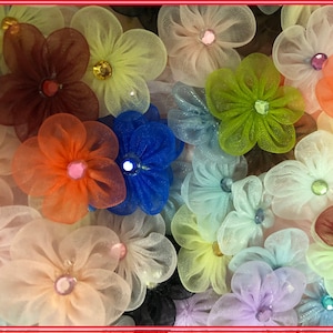 1&quot; Organza Flower w/ Rhinestone Applique Sewing Craft 100 Mixed Colors 1250BR