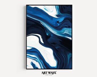 Liquid Blue & White Art | Fluid Lines | Dark Blue Swirls | Hyperrealistic Details | Digital Art Print | High Resolution | Instant Download