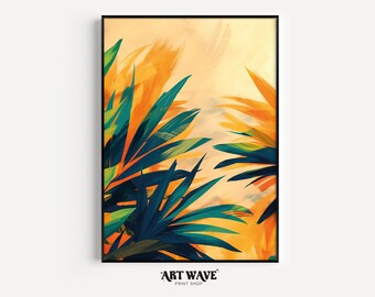 Expressive Botanical Painting | Deep Green & Orange Leaves | Bright Yellow Background | Beautiful Digital Wall Art | Instant Download