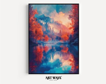 Pintura de paisaje sereno | Lago, árboles rojos y naranjos | Montañas nevadas | Aguas Reflectantes | Escena de naturaleza pacífica | Impresión de arte digital