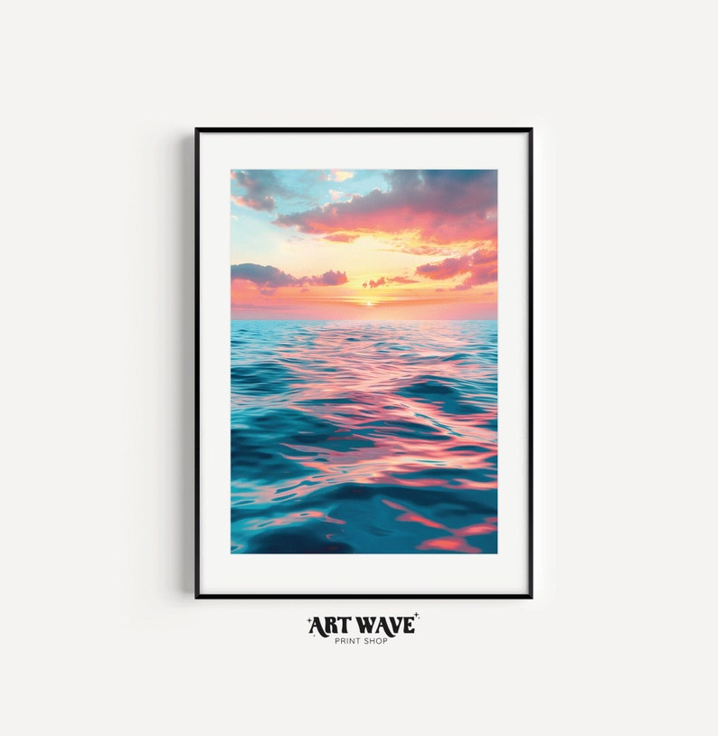 Vibrante puesta de sol en el océano Paisaje de impresión digital Arte colorido de la pared del mar Decoración imprimible imagen 1
