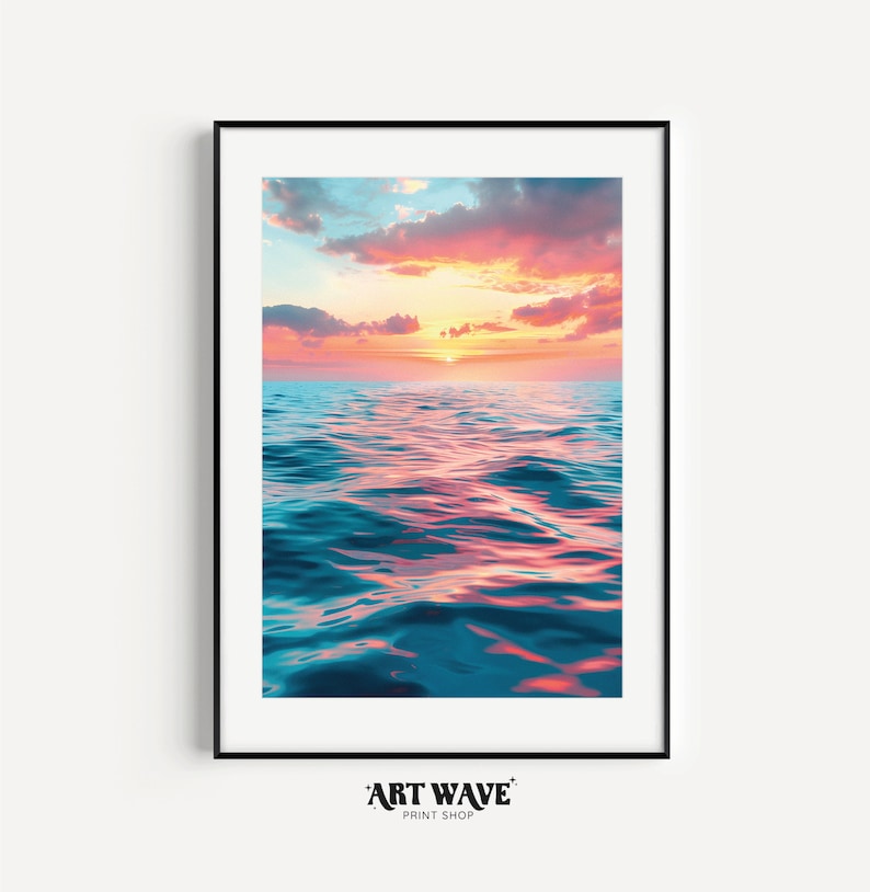 Vibrante puesta de sol en el océano Paisaje de impresión digital Arte colorido de la pared del mar Decoración imprimible imagen 7