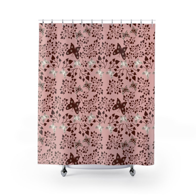 Pink Butterfly, gift for her, home decor, Botanical Shower Curtains Housewarming Gifts Bathroom Refresh Gifts 71x74 inches image 1