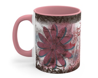 Pink and Teal Abstract Ceramic Mug, Coffee Cup, Mixed Media Design