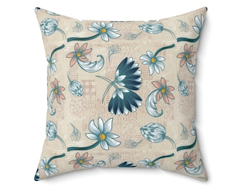 Beige Floral Throw Pillow, Gift for Her, Home Decor