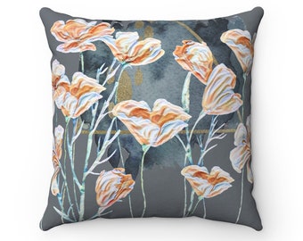 Peach and Gray Floral Throw Pillow, Gift for Her, Home Decor, gift for her, interior decorations