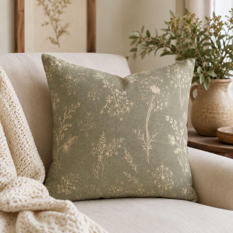 a cozy living space with a beige sofa adorned with a green throw pillow featuring a floral pattern. The sofa is positioned next to a wooden side table, which holds a vase filled with greenery. The overall scene conveys a sense of comfort and warmth, with the floral pattern on the pillow adding a touch of nature to the space.