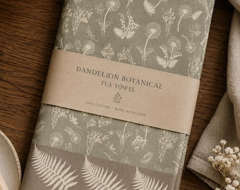 Dandelion Botanical Tea Towel, Hand-Illustrated Sage Cream Kitchen Decor
