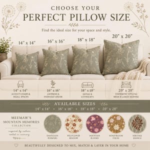 The image is an advertisement for Meemaw's pillows, showcasing various sizes available for different types of furniture.
