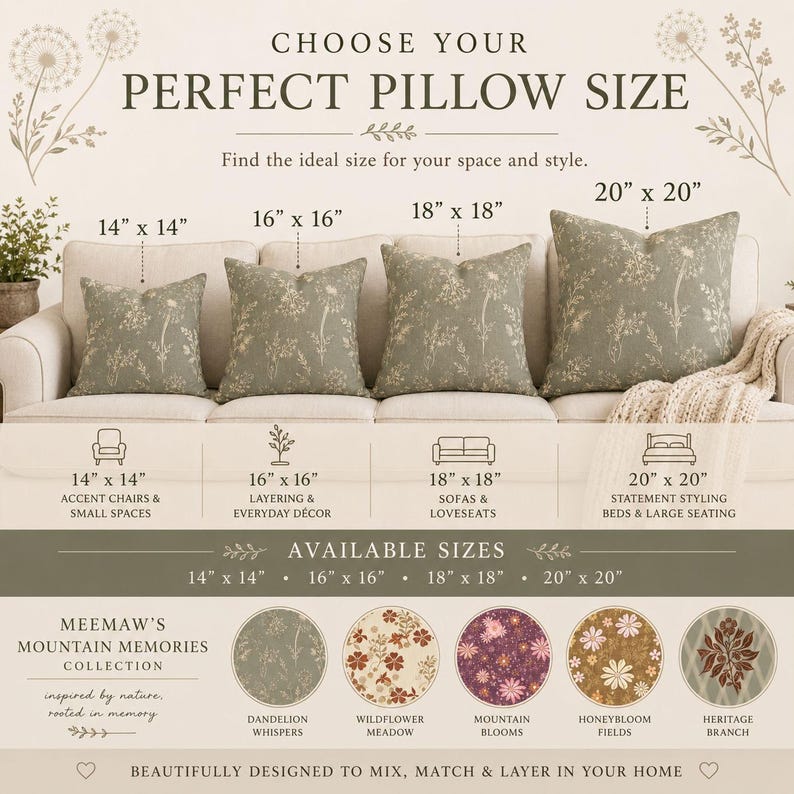 The image is an advertisement for Meemaw's pillows, showcasing various sizes available for different types of furniture.