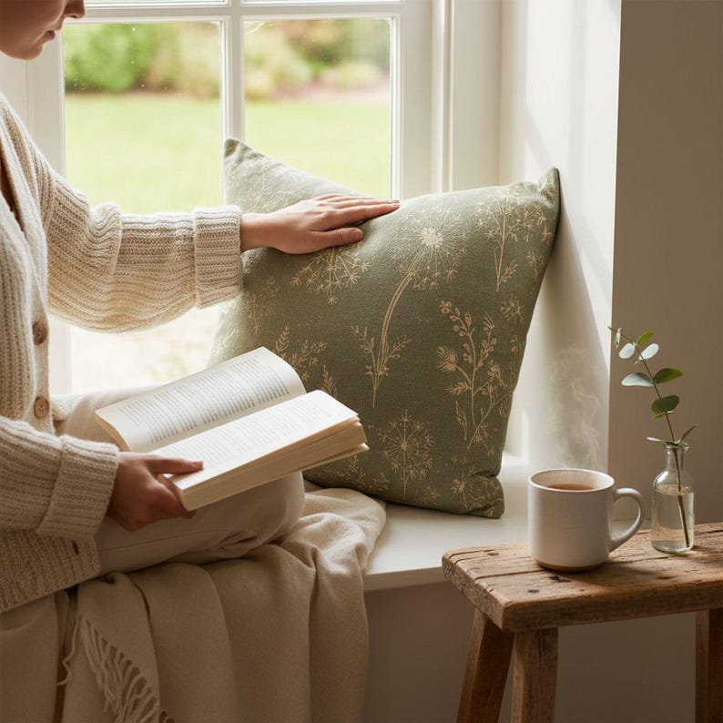A person is sitting on a window sill, reading a book and holding a cup of tea, with a green pillow and a small vase of flowers nearby.