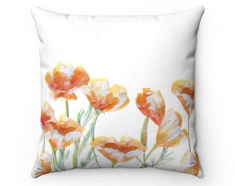 Orange Poppies pillow,  Throw Pillow Cover and Insert, gift for her, orange pillow