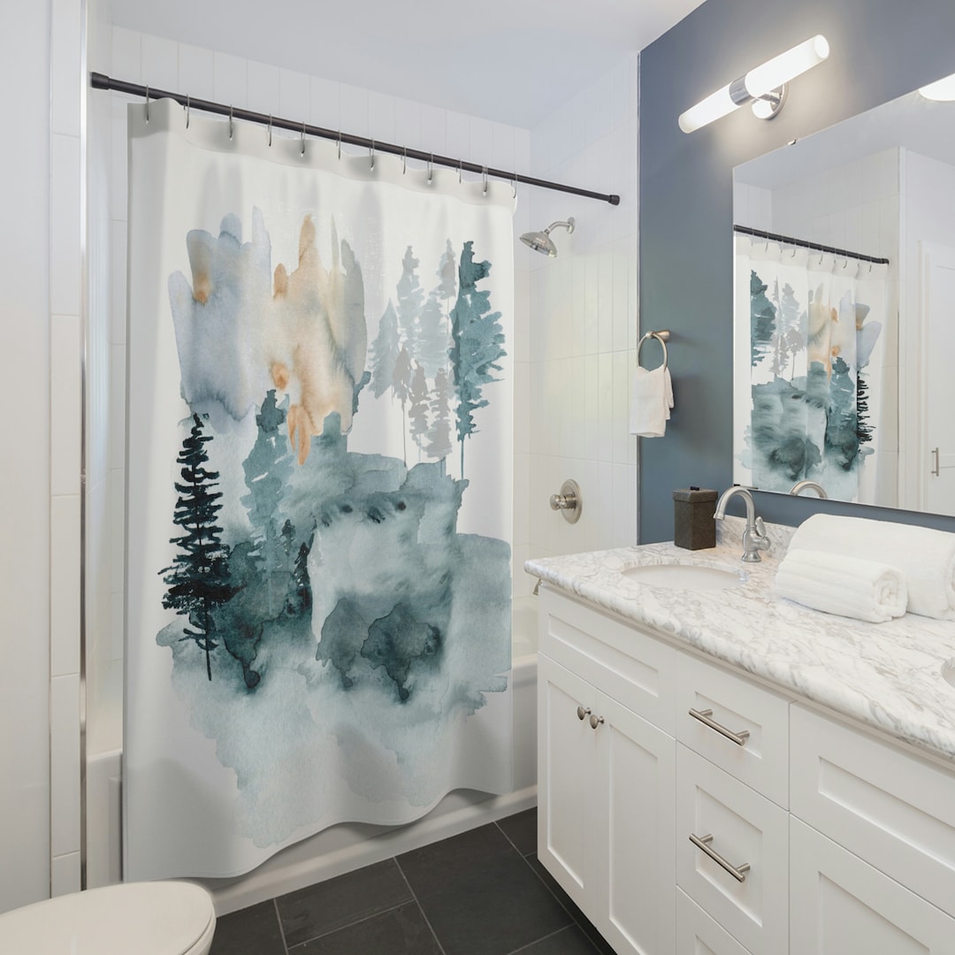 Blue Trees Shower Curtains Cabin Decor Gift for Her Watercolor Curtain