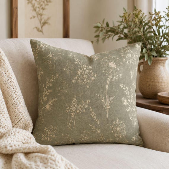 Dandelion Botanical Pillow - Sage Green, Nature Inspired Accent