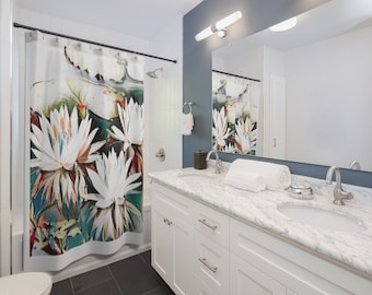 Water lilies Floral Shower Curtain, lines, Bathroom decor, teal decor, daisy, blue flowers