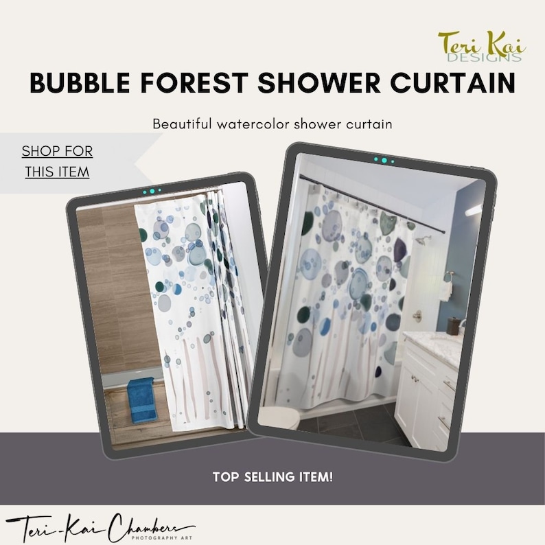 Water Bubbles Shower Curtain Botanical Shower Curtains Housewarming Gifts Bathroom Refresh Gifts 71x74 inches Watercolor shower image 2