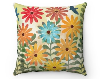 Watercolors, Teal and yellow, floral pillow, wildflower pillow, home decor, orange, red, pink, gift for her, interior decorations