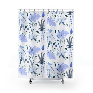 Blue Woodland Shower Curtain | Botanical  Shower Curtains |  Housewarming Gifts | Bathroom Refresh Gifts | 71x74 inches | Spun Polyester
