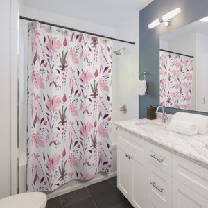 Pink floral Shower Curtains, Botanical Shower Curtains Housewarming Gifts Bathroom Refresh Gifts 71x74 inches image 2