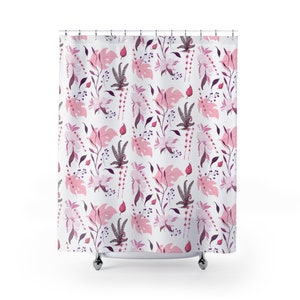 Pink floral Shower Curtains, Botanical Shower Curtains Housewarming Gifts Bathroom Refresh Gifts 71x74 inches image 1