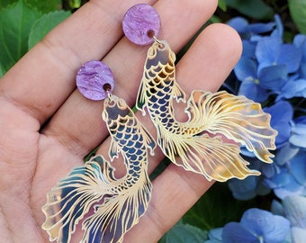 betta fish earrings | iridescent acrylic | laser engraved | handmade