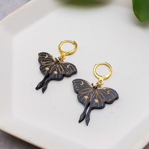 black and gold moth earrings | acrylic on 18k plated huggie hoops
