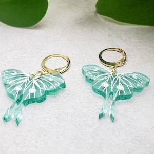 lunar moth earrings in sea glass | acrylic on 18k gold plated huggie hoop