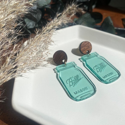 Vintage Aqua Ball Mason Jar Glass Post Earrings Etsy
