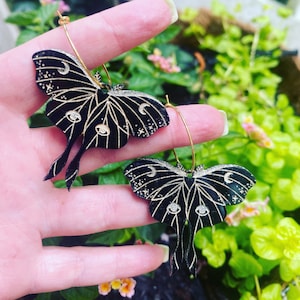 luna moth hoop earrings in black & gold