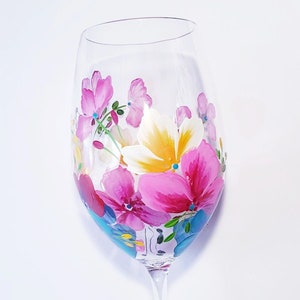 Handpainted Large Wine Glass with Bright Floral Design