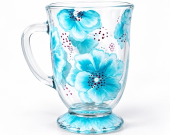 Blue Floral Designed Glass Mug