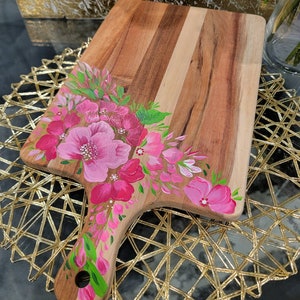 Handpainted Cutting Board with Pink, White and Green Floral Design. 1pc