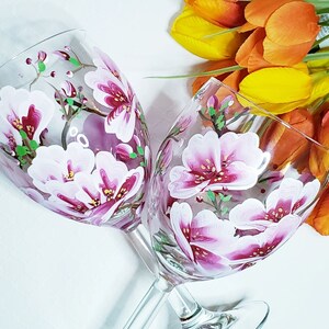Hand painted Wine Glasses with Cherry Blossoms, 12oz. (Set 2)