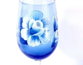 Handpainted Blue Wine Glass with Rose Design