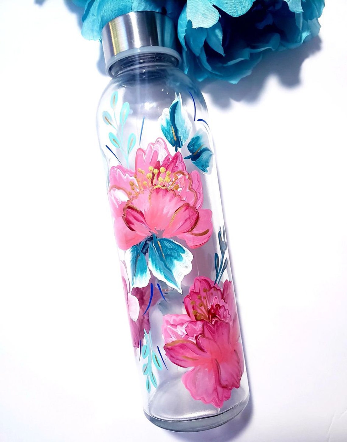 Floral Designed Glass Water Bottles Etsy