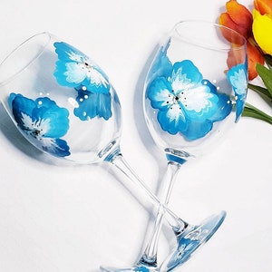 Handpainted large wine glasses with blue and white flowers, 17oz. (2)