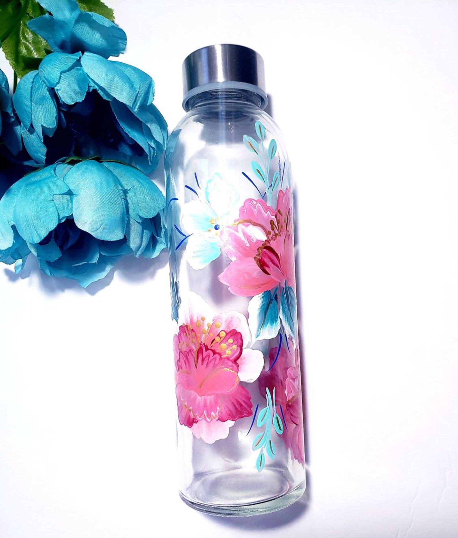 Floral Designed Glass Water Bottles Etsy