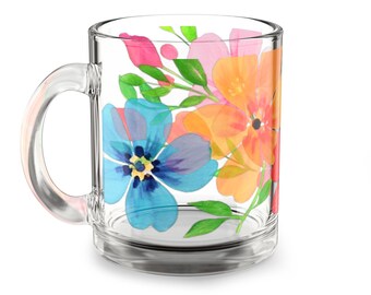 Floral Glass Mug, 10oz - Blooming Florals Design, Bright and Cheerful Ceramic Cup, Flower Lover Gift, Garden Theme Coffee Tea Cup, Spring