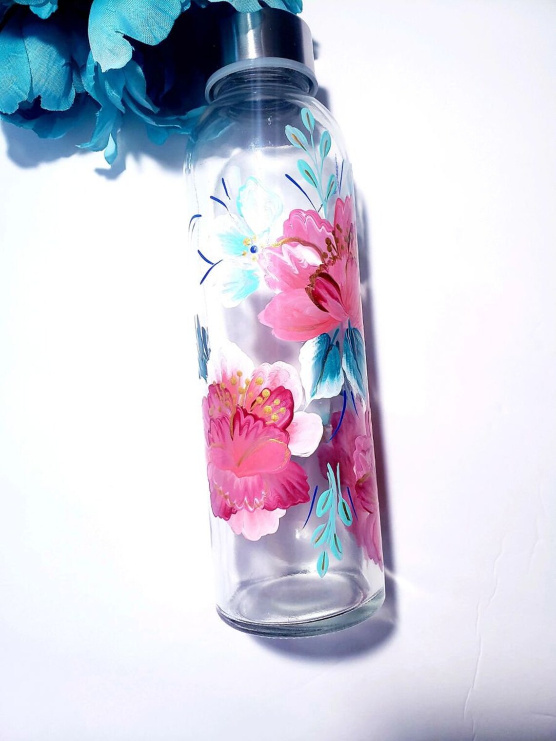Floral Designed Glass Water Bottles Etsy