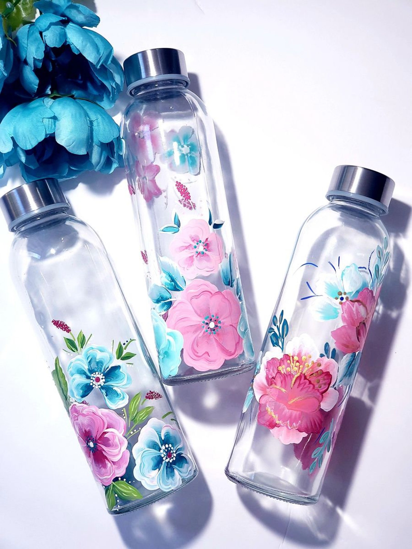 Floral Designed Glass Water Bottles Etsy