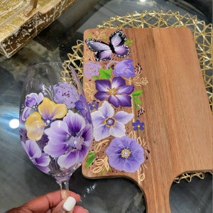 Handpainted Cutting Board with Butterfly and Purple Floral Design. 1pc