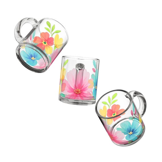 Floral Glass Mug, Colorful Flower Design for Home Decor, Perfect for Coffee, Tea, Gift Idea, Vibrant Drinkware