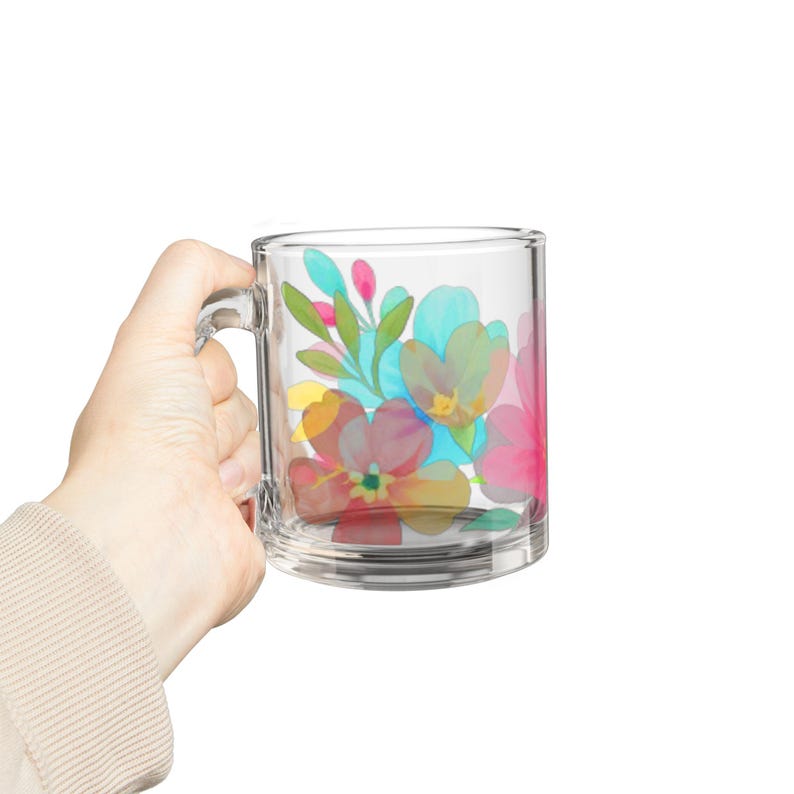 Floral Glass Mug, Colorful Flower Design for Home Decor, Perfect for Coffee, Tea, Gift Idea, Vibrant Drinkware image 2